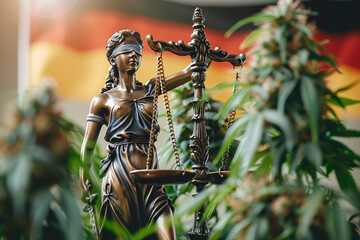 Cannabis legalization for recreational use in Germany, concept, lady Justice, marijuana, and the German flag - obrazy, fototapety, plakaty