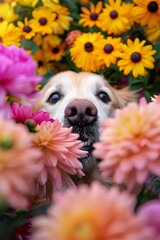 a dog whose mouth is set back by flowers