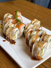 Sushi with delicious eel on a square plate