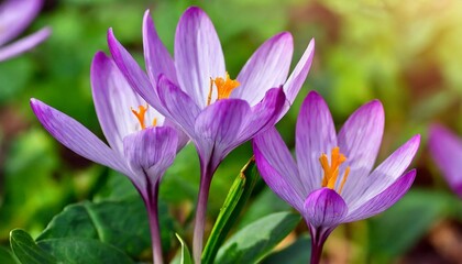 bright purple flowers colchicum close up against a background of green leaves in a flower garden