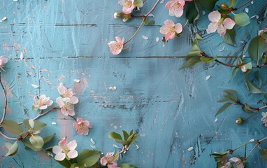 a scene of flowers and leaves against a blue background of wood