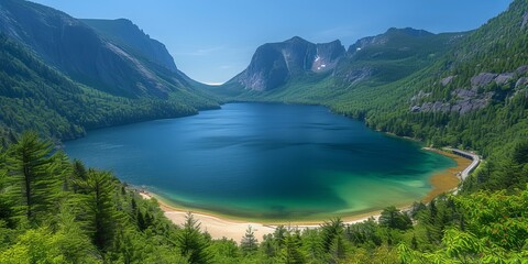 Scenic Overlook of a Secluded Mountain Lake with Vibrant Turquoise Waters and Lush Surrounding Forest - obrazy, fototapety, plakaty