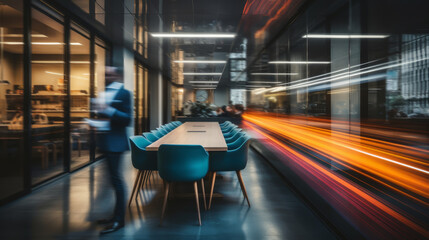 Busy modern office with motion blurred people creating dynamic business environment