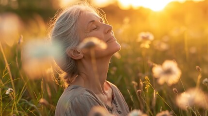 Joyful elderly woman with closed eyes, basking in the warm glow of a setting sun amidst a field of flowers. - 744796543