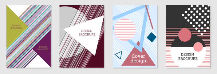 Obraz premium Set of cover design in Memphis style. Geometric design, abstract background. Fashionable bright cover, banner, poster, booklet. Creative colors.