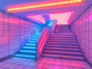 3D Render of Modern Metro Staircase with Neon Pink, Blue, and Purple Lights