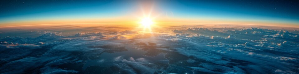 Panoramic sunrise from space, showcasing the boundary between Earth's atmosphere and the vastness of the universe - obrazy, fototapety, plakaty