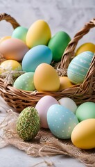 Fototapeta na wymiar Easter Elegance Wicker Nest Brimming with Vibrant Decorative Eggs