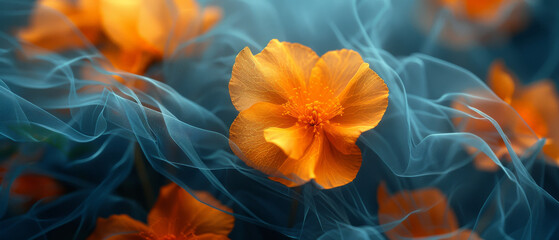 Stunning macro shot of a bright orange flower with delicate blue filaments creating an ethereal backdrop