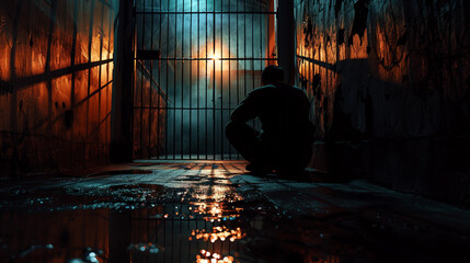 Silhouette of a person sitting in a dark, wet alley with a gate and dim light in the background,...
