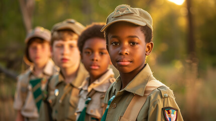 Group of diverse scouts in uniform standing in a forest during golden hour. - obrazy, fototapety, plakaty