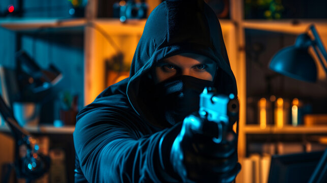 Mysterious person in hoodie aiming a gun with focus on the weapon, dark and moody atmosphere.