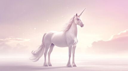 Obraz na płótnie Canvas Majestic white unicorn standing in a dreamy pinkish-purple landscape with soft lighting and a tranquil atmosphere.