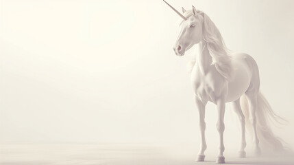 Obraz na płótnie Canvas Ethereal white unicorn in a mystical foggy setting, symbolizing purity and magic.