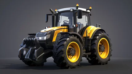 Fotobehang Modern black and yellow tractor on a gray background, showcasing agricultural machinery with a sleek design. © Another vision