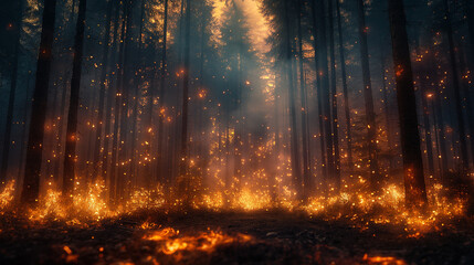 Dangerous situation of fire in the forest. Selective focus. Copy space. Nature care concept. - obrazy, fototapety, plakaty