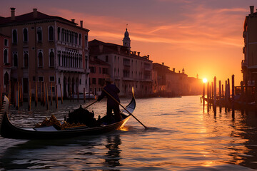 Romantic Gondola Ride at Dusk: A Mesmerizing Journey through Venice's Serene Canals - obrazy, fototapety, plakaty