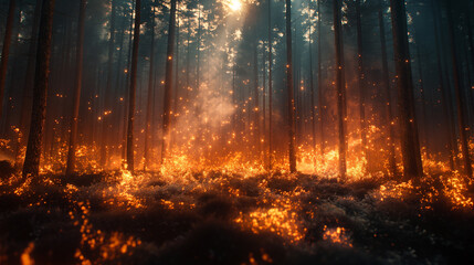 Huge fire at the forest. Trees in fire. Nature care concept. Selective focus. Copy space  - obrazy, fototapety, plakaty