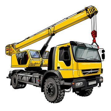 Yellow mobile crane truck illustration with extended boom and hook on transparent png background. Sticker