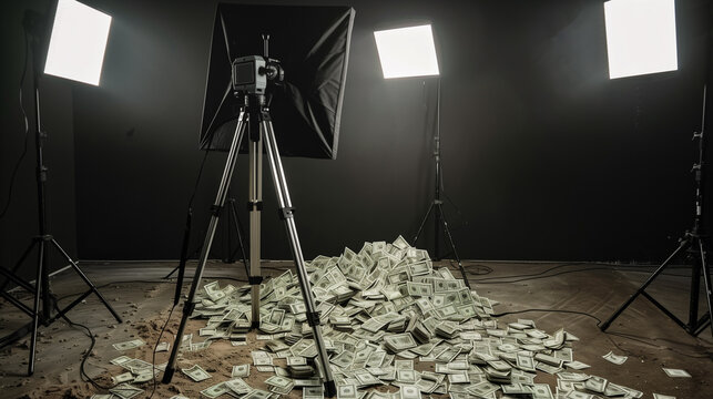 Professional photography studio setup with lighting equipment and a pile of money on the floor.