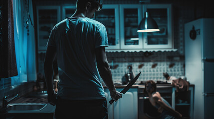 Man standing ominously in a dark kitchen holding a knife, with a tense atmosphere suggesting danger or a thriller scene.