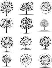 set of trees silhouettes, black and white vector graphics decoration od trees  collection