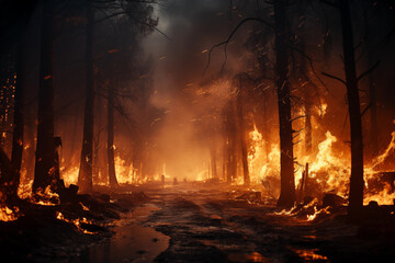 Forest fire. Night time. Selective focus. Nature care concept. Copy space. - obrazy, fototapety, plakaty