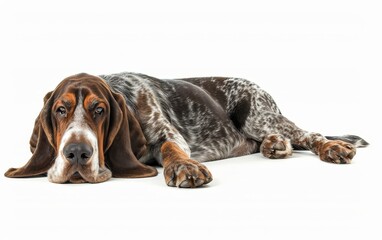 The Basset Bleu de Gascogne dog relaxes, eyes heavy with the promise of sleep.