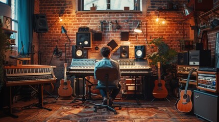 Music producer recording a song in a recording studio. He is sitting on a chair and listening to...