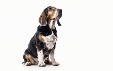 A thoughtful Basset Bleu de Gascogne dog sits, its droopy ears and gentle eyes expressing curiosity.