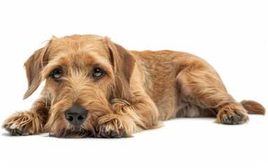 A serene Basset Fauve de Bretagne rests on a white background, its gentle gaze inviting calm and companionship. The warm golden coat and soulful eyes portray a moment of tranquil repose.