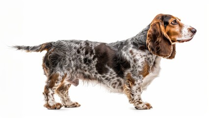 This watchful Basset Bleu de Gascogne stands alert, its tricolor coat and focused gaze illustrating a readiness and intelligence. Contrast of coat against the white background is visually striking.