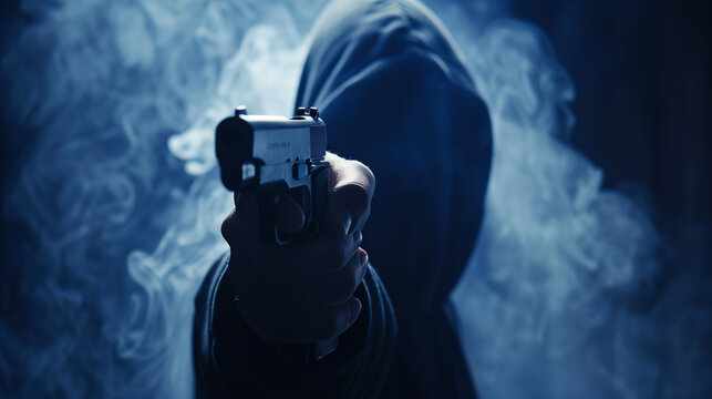 Mysterious person in hoodie holding camera in smoky, dark blue ambiance, concept of surveillance and privacy.