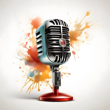 A vintage-style microphone with colorful paint splashes in the background, conveying a creative and dynamic atmosphere.