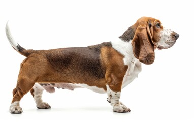 This regal Basset Hound's profile is captured in stunning detail, from the gleam in its eye to the shine on its tri-colored coat. The dog exudes a sense of calm and nobility.