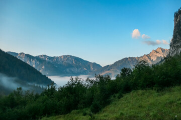 Sunrise view over majestic mountain peak in Hochschwab massif, Styria, Austria. Hiking trail in...