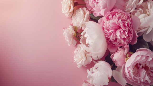 Beautiful pink and white peony flowers on a pink background. The image is soft and romantic, with a painterly feel.