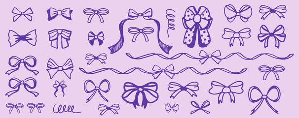 Set of bows on white background. Outline vector with ribbons and ties.