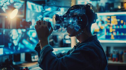 Future technologies. Young creative engineer in virtual reality headset touching hologram screen while standing indoors - obrazy, fototapety, plakaty