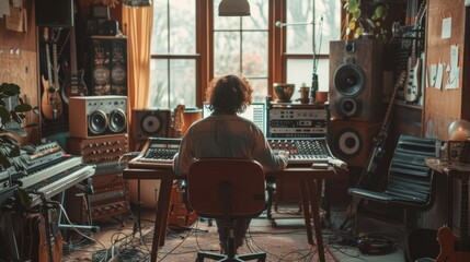 Music producer recording a song in a recording studio. He is sitting on a chair and listening to the music. - obrazy, fototapety, plakaty
