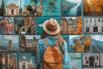 tourist with backpack looking at picture of different travel destinations