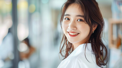 Obraz premium A female asian healthcare student wearing white medical coat smiling at camera on blurred background of medical university. 