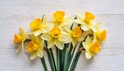 bouquet of yellow daffodils flowers isolated on white background flat lay top view