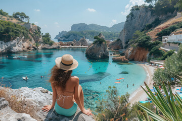 A woman in a sunhat enjoys the stunning view of a turquoise cove surrounded by cliffs on a sunny...