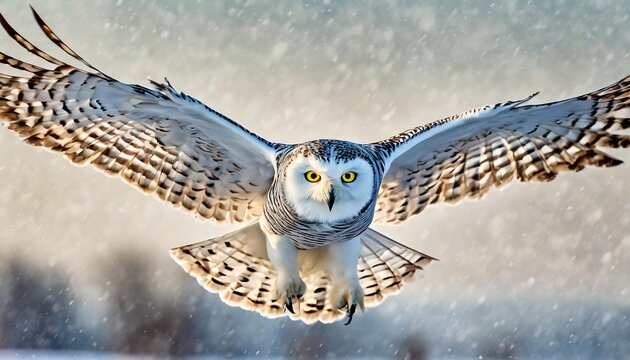 snowy owl in flight on white background generated illustration