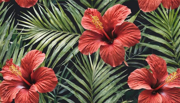 tropical vintage floral palm leaves red hibiscus flower seamless pattern black background exotic jungle wallpaper