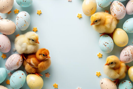 Cute chickens and Easter eggs, top view. Easter card