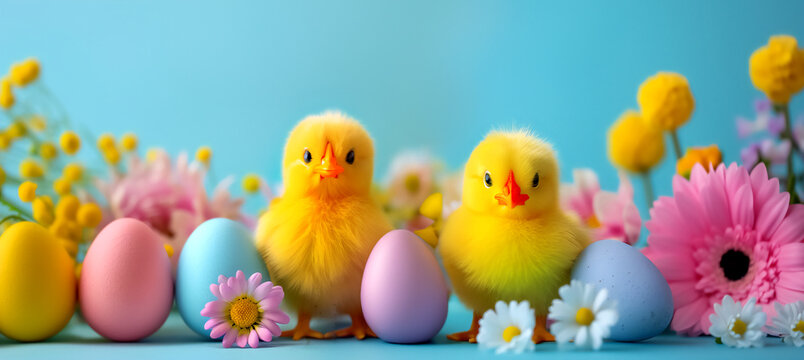 A cute yellow chicken surrounded by colorful Easter eggs and flowers on a blue background. The image can be used for Easter cards or spring season decorations.