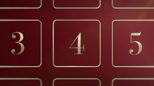 Red door number 4 four opening calendar reveal, updateable green screen revealing transition sting, 3D gold xmas festive golden numbered doors shiny video, Christmas Advent Calendar animation
