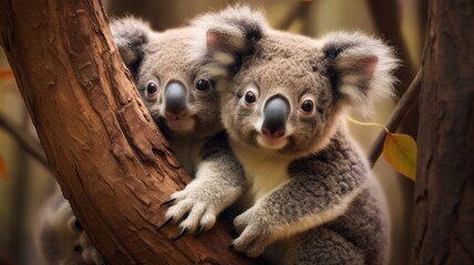 Two cute koalas clinging to a tree branch in their natural habitat.